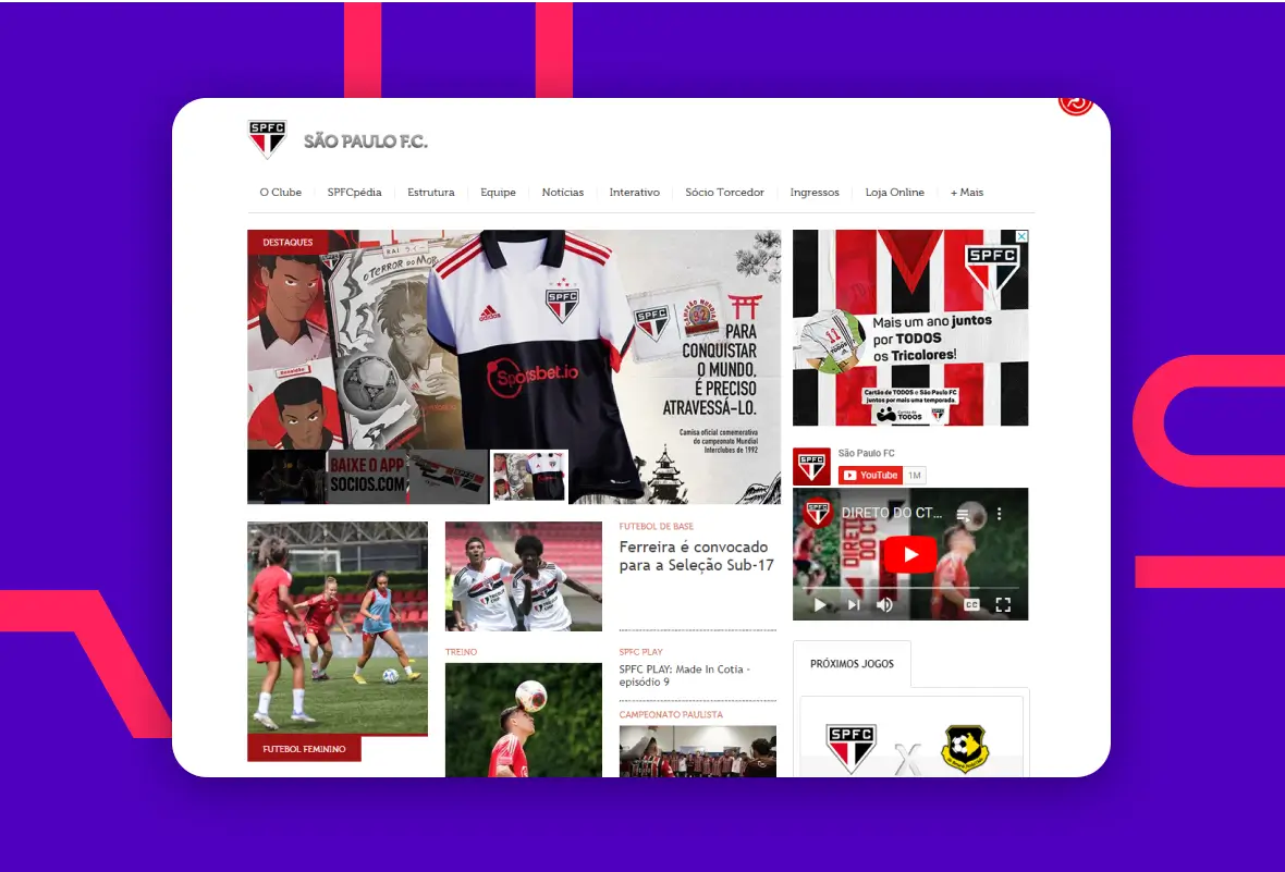 Imagem da tela inicial do site do São Paulo Futebol Clube